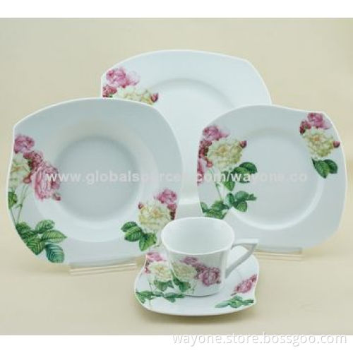 18-piece Ceramic Dinnerware Set, Rose Design, Square Shape, Food and Dishwasher Safe, Lead-free